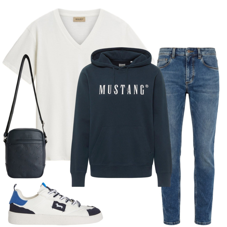 Outfit uomo - Total look #2437708. Stile Casual per Tutti i giorni. Abbinamento con felpe con cappuccio, sneakers, jeans slim fit, borse sportive, t-shirt.