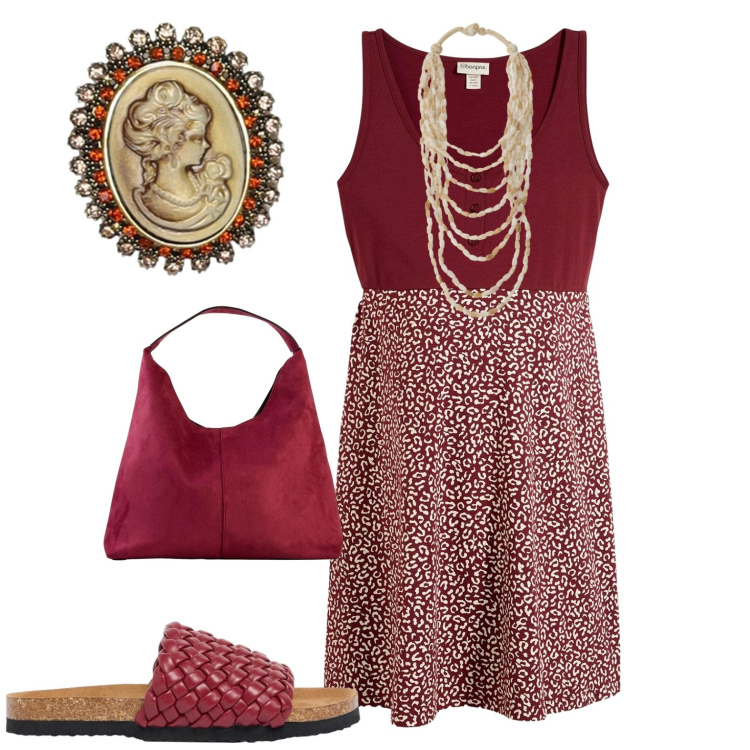 Outfit donna - Bordeaux. Stile Casual per Tutti i giorni. Abbinamento con ciabatte, vestiti, borse a spalla, cappotti, collane.