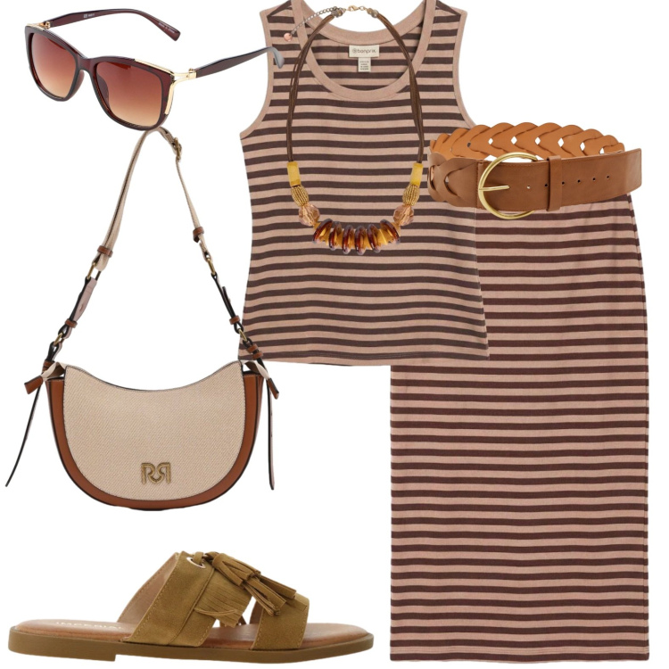 Outfit donna - Casual. Stile Casual chic per Tutti i giorni. Abbinamento con tute, occhiali da sole, cinture, borse a tracolla, sandali, collane.
