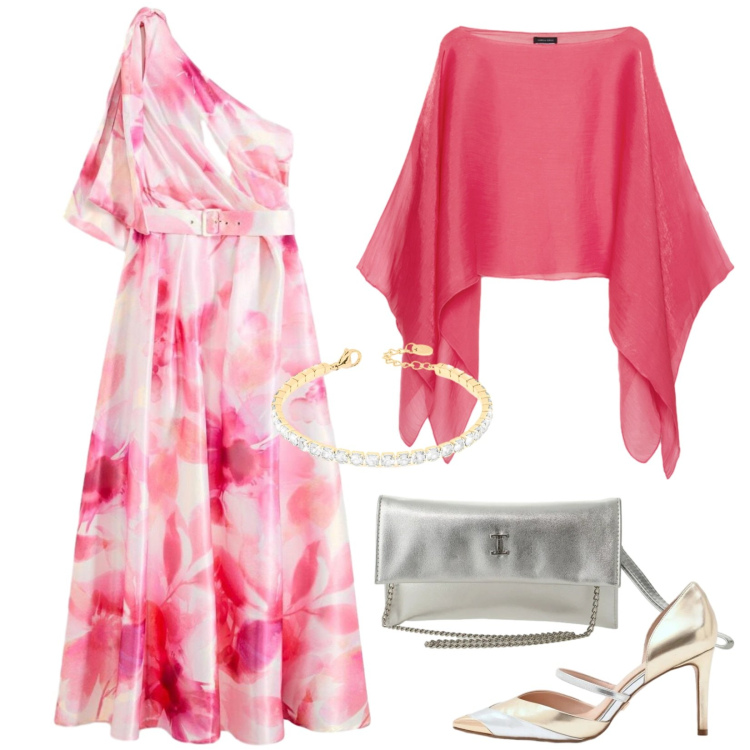 Outfit donna - Aperitivo di laurea. Stile Glamour per Cerimonia. Abbinamento con vestiti asimmetrici, braccialetti, blazer, décolleté, borse a tracolla.