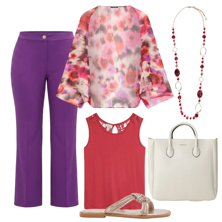 Outfit donna - In città per le vacanze. Stile Chic per Serata fuori. Abbinamento con top, pantaloni, blazer, collane, sandali, borse a tracolla.