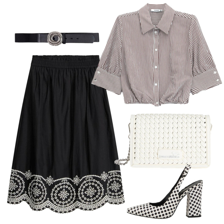 Outfit donna - Optical chic. Stile Trendy per Serata fuori. Abbinamento con décolleté, gonne longuette, cinture, borse a tracolla, camicie.