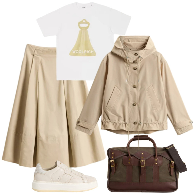 Outfit donna - Per le fresche giornate in montagna. Stile Casual chic per Tutti i giorni. Abbinamento con parka, borse a tracolla, t-shirt, gonne lunghe, sneakers.