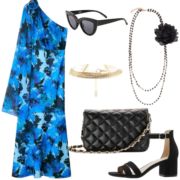 Outfit donna - Abito monospalla per un ricevimento. Stile Chic per Cerimonia. Abbinamento con vestiti asimmetrici, sandali col tacco, borse a tracolla, occhiali da sole, braccialetti, collane.