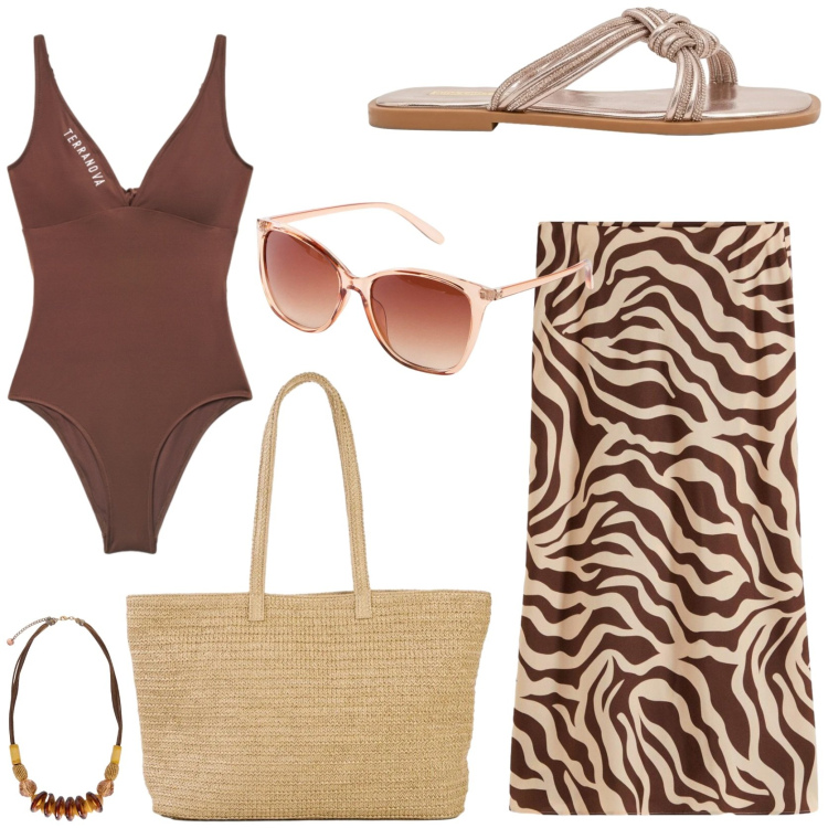 Outfit donna - Beach please. Stile Boho per Mare. Abbinamento con gonne longuette, occhiali da sole, shopping bag, costumi interi, collane, sandali.