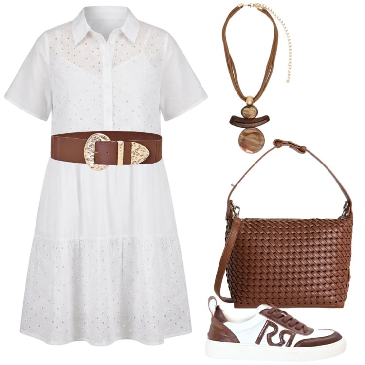 Outfit donna - L\'abito in pizzo bianco. Stile Bon Ton per Tutti i giorni. Abbinamento con borse a spalla, vestiti corti, ciondoli, cinture, sneakers.