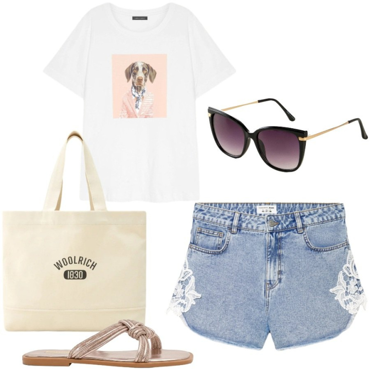 Outfit donna - Total look #2437731. Stile Casual chic per Tutti i giorni. Abbinamento con occhiali da sole, shorts, sandali, t-shirt, borse tote.