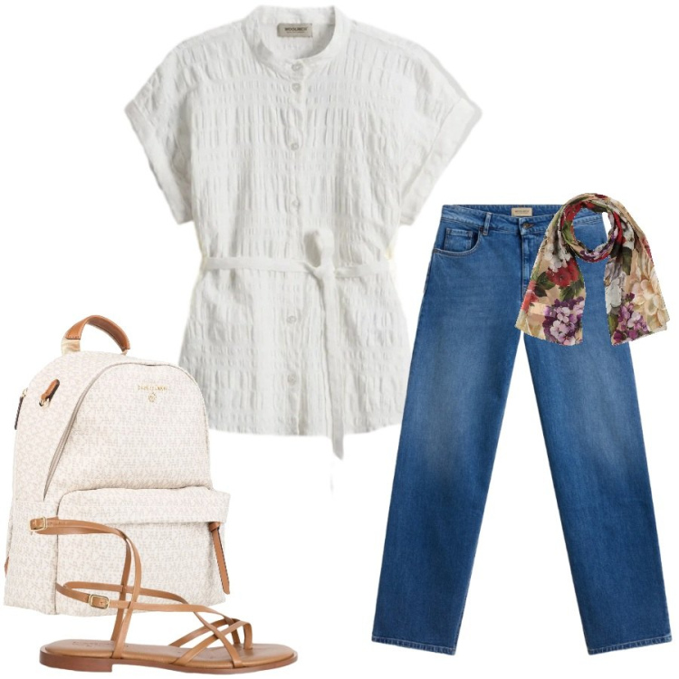 Outfit donna - Total look #2437732. Stile Casual chic per Tutti i giorni. Abbinamento con zaini, sciarpe, sandali in pelle, bluse, jeans.