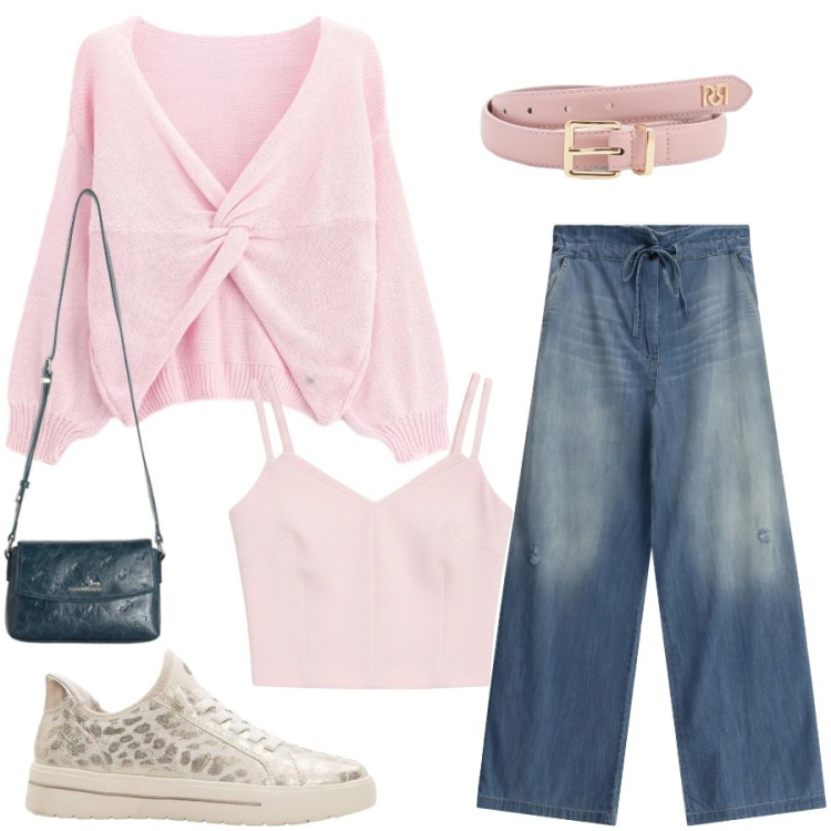 Outfit donna - Total look #2437734. Stile Casual chic per Tutti i giorni. Abbinamento con sneakers, top, cinture, cardigans, jeans, borse a tracolla.