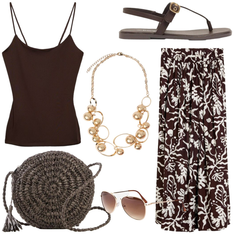 Outfit donna - Boho chic in vacanza. Stile Boho per Tutti i giorni. Abbinamento con borse a tracolla, gonne longuette, sandali, occhiali da sole, canottiere, collane.
