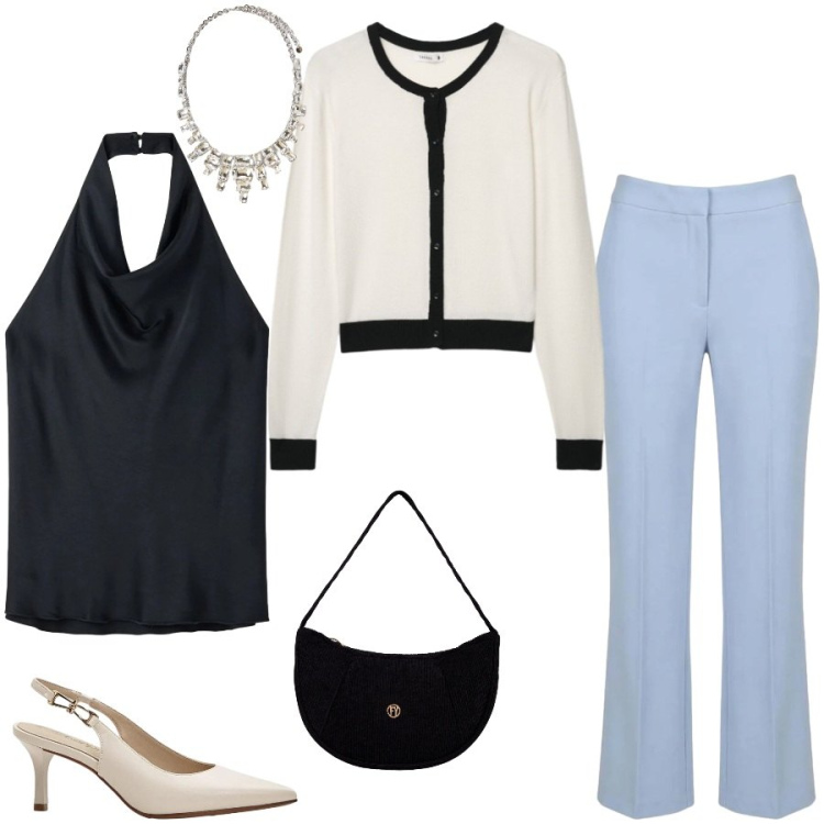 Outfit donna - Total look #2437739. Stile Casual chic per Tutti i giorni. Abbinamento con décolleté, pantaloni, cardigans, canottiere, borse a mano, collane.