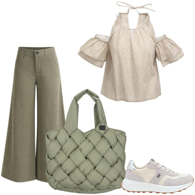 Outfit donna - Total look #2437742. Stile Casual chic per Tutti i giorni. Abbinamento con top, pantaloni a palazzo, borse tote, sneakers.