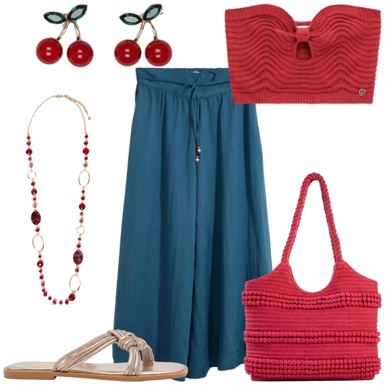 Outfit donna - Aperitivo tra amici. Stile Casual chic per Tutti i giorni. Abbinamento con shopping bag, gonne lunghe, blazer, collane, top, sandali.