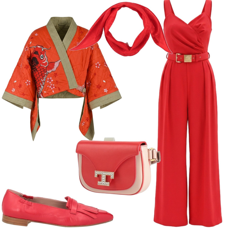 Outfit donna - Red. Stile Chic per Serata fuori. Abbinamento con mocassini, marsupi, sciarpe, kimono, tute.