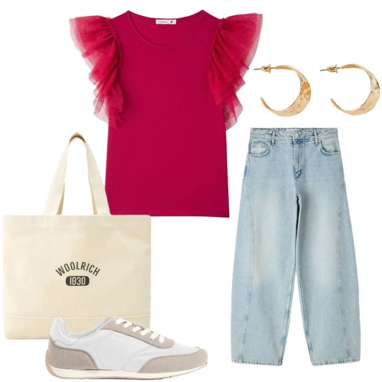 Outfit donna - Total look #2437746. Stile Glamour per Tutti i giorni. Abbinamento con orecchini, sneakers, t-shirt, jeans, borse tote.