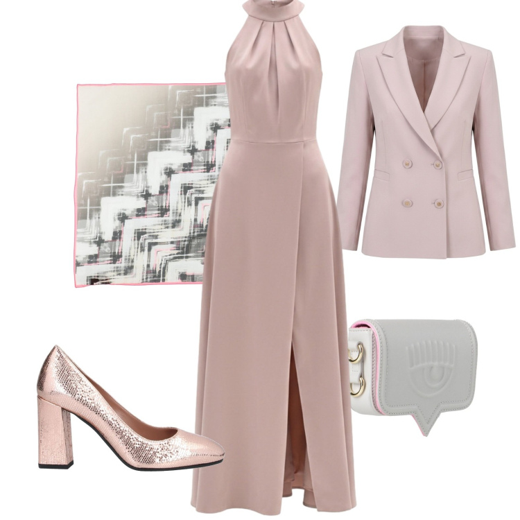 Outfit donna - Chic. Stile Chic per Serata fuori. Abbinamento con marsupi, décolleté, sciarpe, vestiti lunghi, blazer.