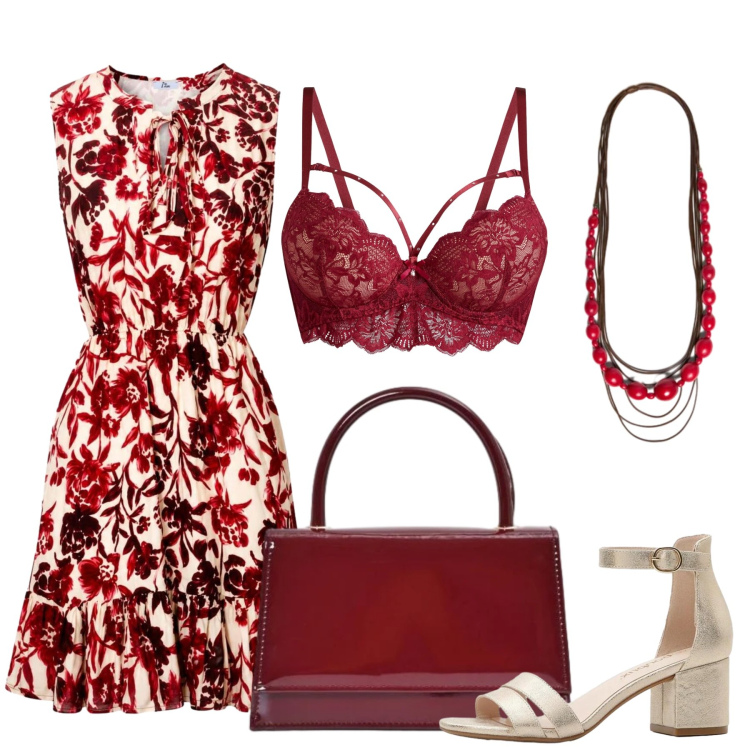 Outfit donna - Passione red. Stile Chic per Tutti i giorni. Abbinamento con reggiseni, sandali col tacco, borse a mano, vestiti corti, collane.