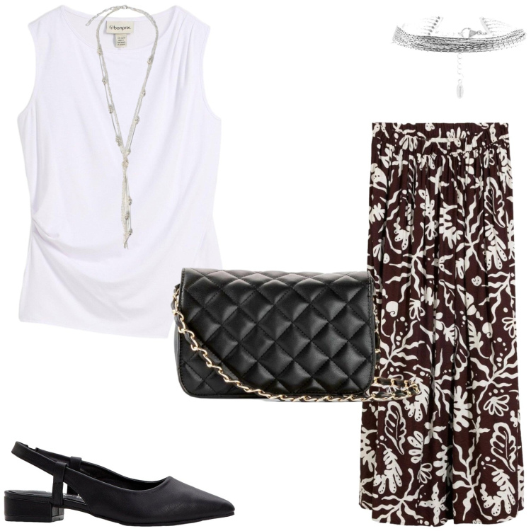 Outfit donna - Aperitivo d\'estate. Stile Chic per Serata fuori. Abbinamento con gonne longuette, top, borse a tracolla, décolleté, braccialetti, collane.