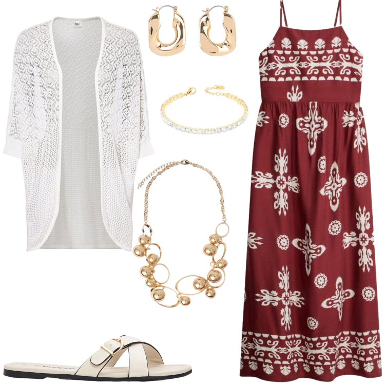 Outfit donna - L\'outfit elegante e fresco. Stile Chic per Serata fuori. Abbinamento con vestiti, cardigans, ciabatte, orecchini, collane, braccialetti.
