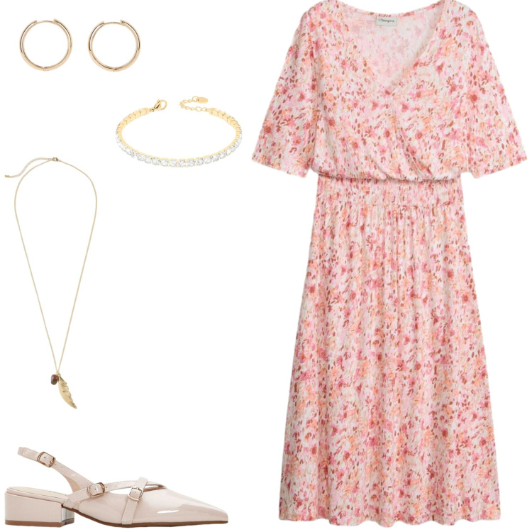 Outfit donna - Rosa in estate. Stile Romantica per Serata fuori. Abbinamento con décolleté, orecchini, collane, vestiti, braccialetti.