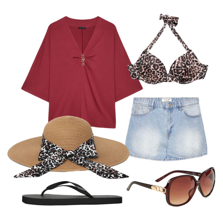 Outfit donna - Luglio. Stile Trendy per Mare. Abbinamento con occhiali da sole, cappelli, infradito, bikini, shorts, t-shirt.