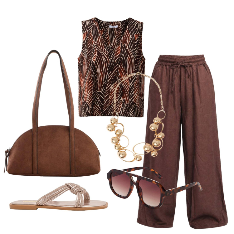 Outfit donna - Luglio. Stile Basic per Tutti i giorni. Abbinamento con occhiali da sole, borse a tracolla, canottiere, pantaloni, collane, sandali.
