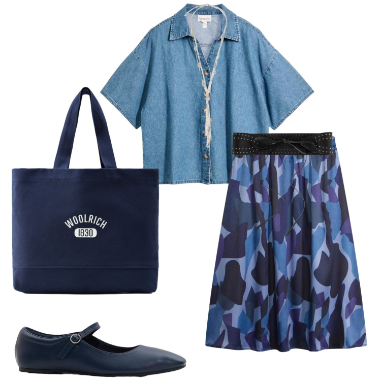 Outfit donna - In città. Stile Casual chic per Ufficio. Abbinamento con gonne, camicie a manica corta, ballerine, cinture, collane, borse tote.