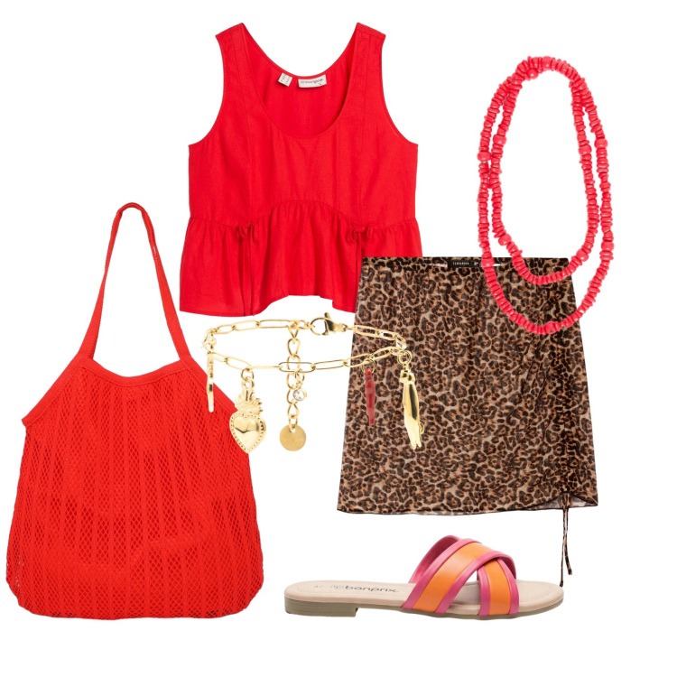 Outfit donna - Luglio. Stile Trendy per Tutti i giorni. Abbinamento con ciabatte, top, shopping bag, minigonne, collane, braccialetti.