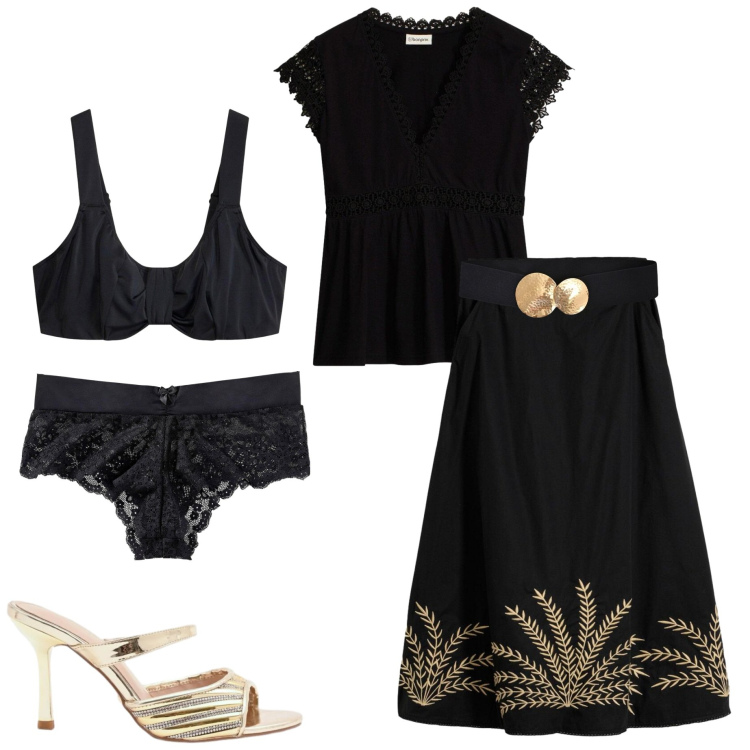 Outfit donna - Coordinato nero. Stile Casual chic per Tutti i giorni. Abbinamento con gonne lunghe, t-shirt, reggiseni, culotte, cinture, sabot.