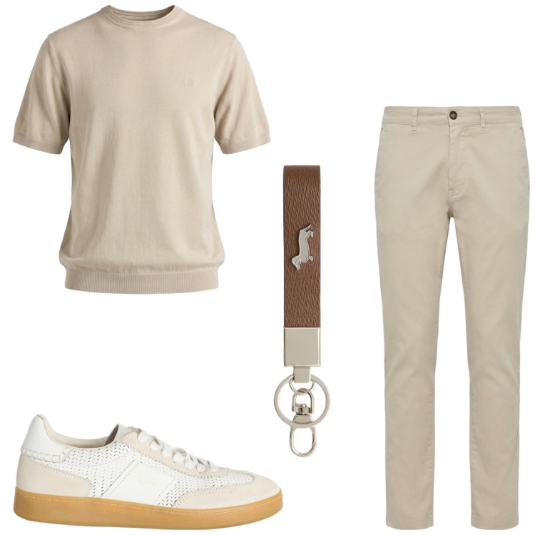 Outfit uomo - Saldi estivi. Stile Casual per Ufficio. Abbinamento con t-shirt, portachiavi, sneakers, pantaloni.