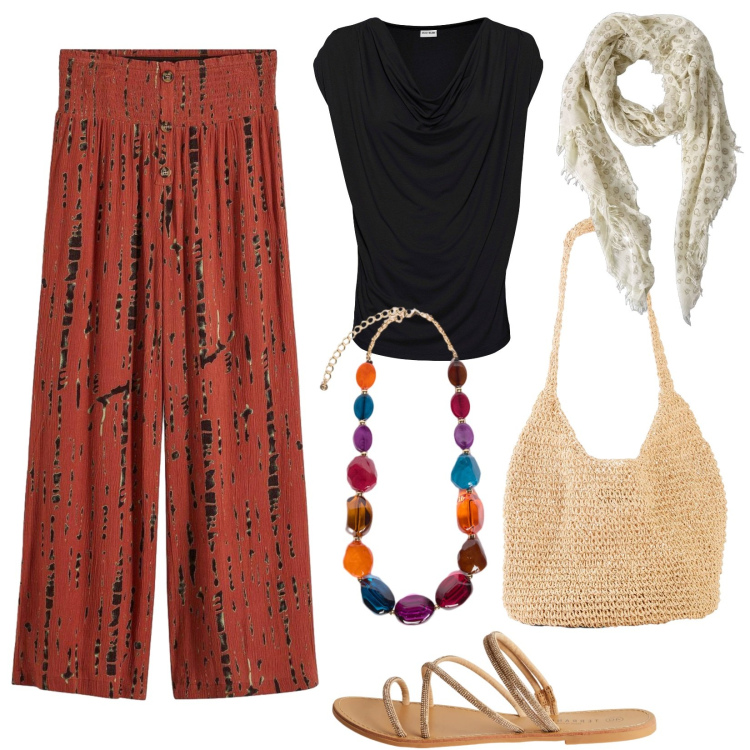 Outfit donna - Aperitivo etnochic. Stile Etnico per Tutti i giorni. Abbinamento con pantaloni a palazzo, canottiere, shopping bag, sciarpe, sandali, collane.