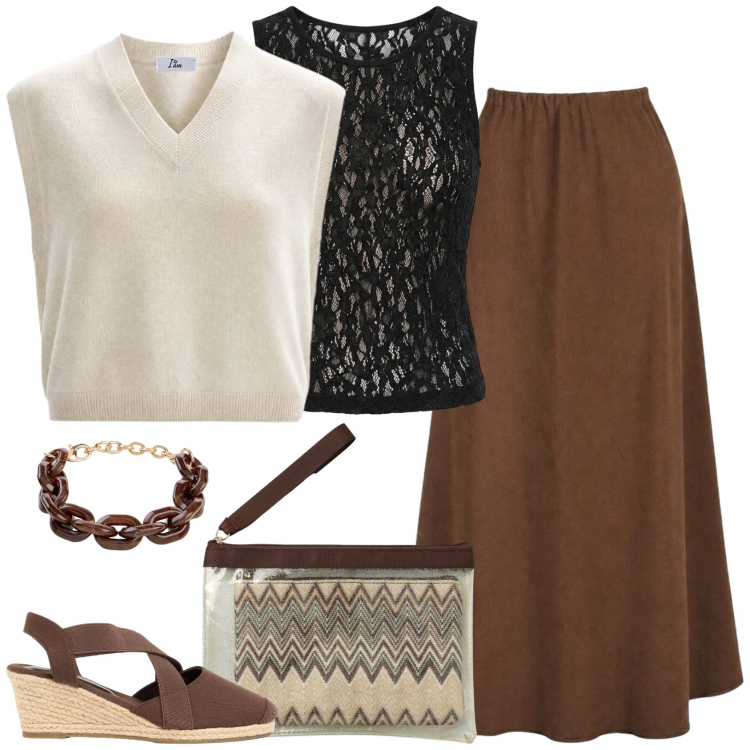 Outfit donna - La gonna fluida. Stile Casual chic per Serata fuori. Abbinamento con zeppe, braccialetti, gonne lunghe, top, maglieria, pochette.