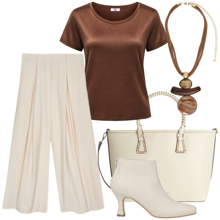 Outfit donna - Contrasti di colori. Stile Chic per Ufficio. Abbinamento con stivaletti, shopping bag, t-shirt, pantaloni a palazzo, ciondoli.