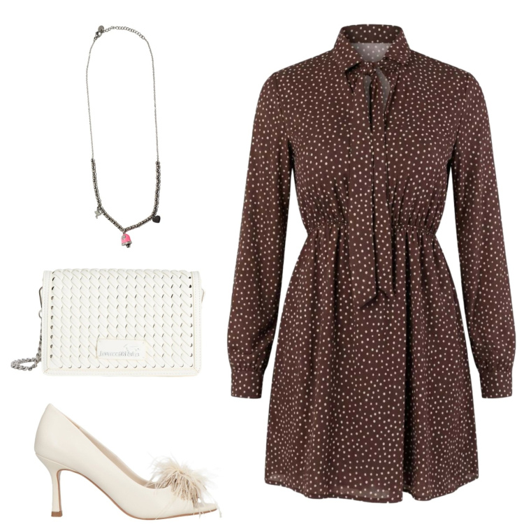 Outfit donna - Il vestito a pois. Stile Chic per Serata fuori. Abbinamento con décolleté, vestiti corti, borse a tracolla, ciondoli.