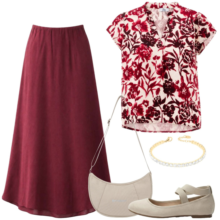 Outfit donna - Rubino. Stile Casual chic per Ufficio. Abbinamento con ballerine, gonne lunghe, bluse, borse a spalla, braccialetti.