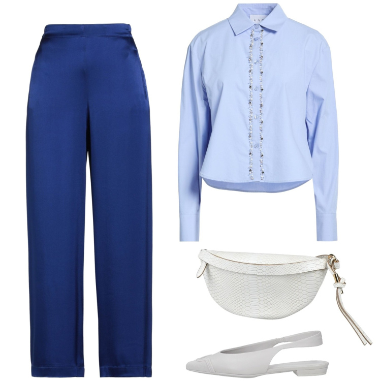 Outfit donna - Azzurro e bianco. Stile Casual chic per Ufficio. Abbinamento con camicie, pantaloni, marsupi, ballerine.