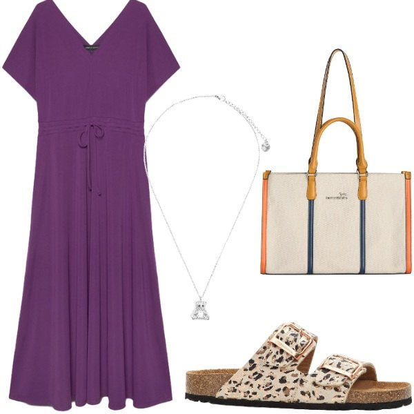 Outfit donna - Estate. Stile Casual per Tutti i giorni. Abbinamento con ciabatte, borse tote, ciondoli, vestiti lunghi.