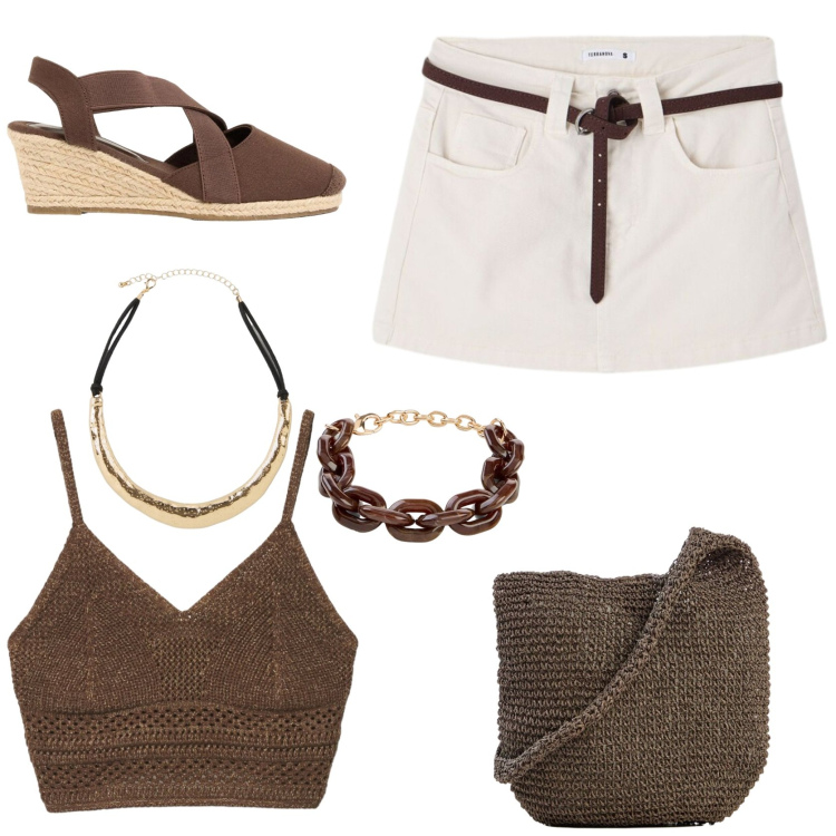 Outfit donna - Summer style ideas. Stile Boho per Tutti i giorni. Abbinamento con shopping bag, braccialetti, zeppe, collane, top, minigonne.
