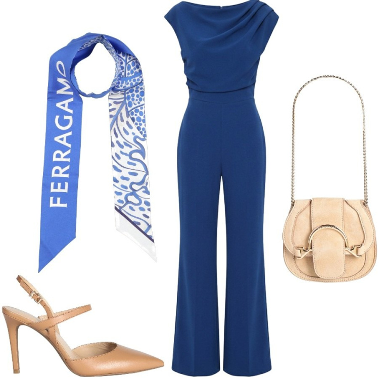 Outfit donna - La jampsuit elegante. Stile Glamour per Serata fuori. Abbinamento con marsupi, décolleté, sciarpe, tute.