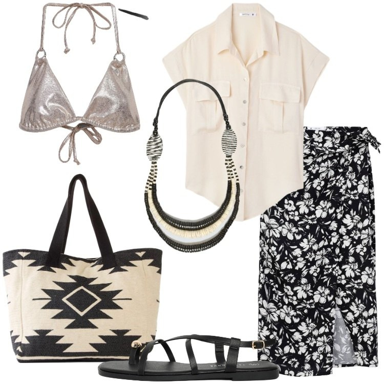 Outfit donna - Una camicia e sei in vacanza @susystyle. Stile Etnico per Mare. Abbinamento con shopping bag, vestiti da spiaggia, camicie a manica corta, bikini, sandali, collane.