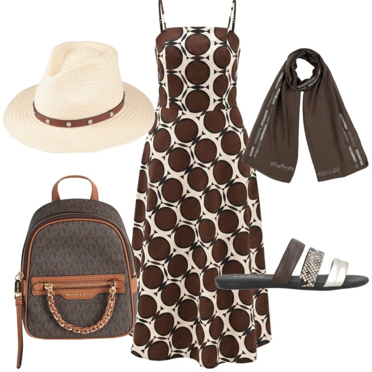 Outfit donna - Chic cioccolato. Stile Chic per Serata fuori. look ideale per Tall. Abbinamento con zaini, sandali in pelle, cappelli, sciarpe, vestiti lunghi.