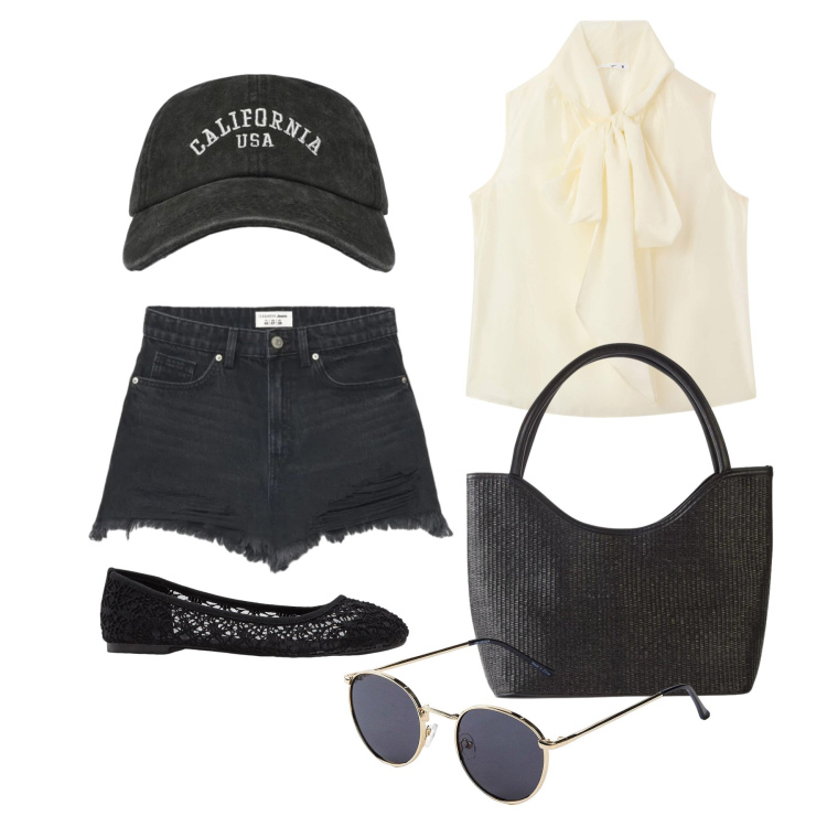 Outfit donna - Luglio. Stile Trendy per Tutti i giorni. Abbinamento con ballerine, occhiali da sole, shopping bag, bluse, cappelli con visiera, shorts.