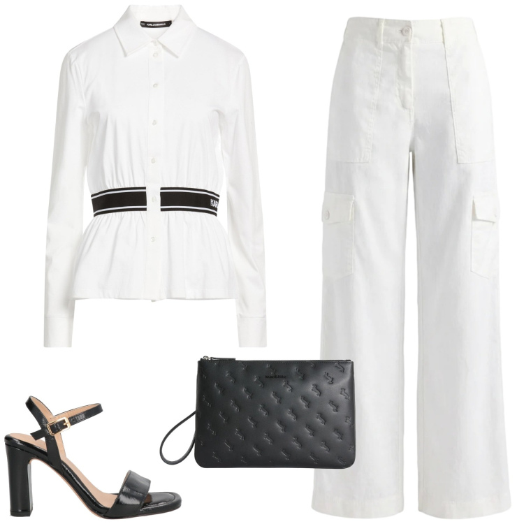 Outfit donna - Aperitivo una sera d\'estate. Stile Glamour per Serata fuori. Abbinamento con sandali in pelle, camicie, pantaloni cargo, anelli.