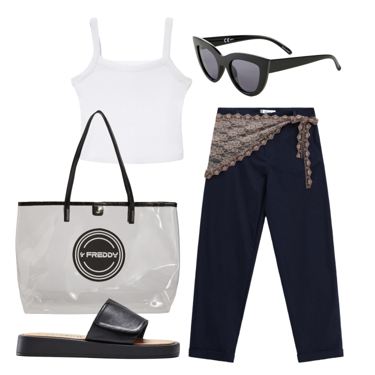 Outfit donna - Luglio. Stile Minimal per Tutti i giorni. Abbinamento con occhiali da sole, ciabatte, canottiere, shopping bag, pantaloni.