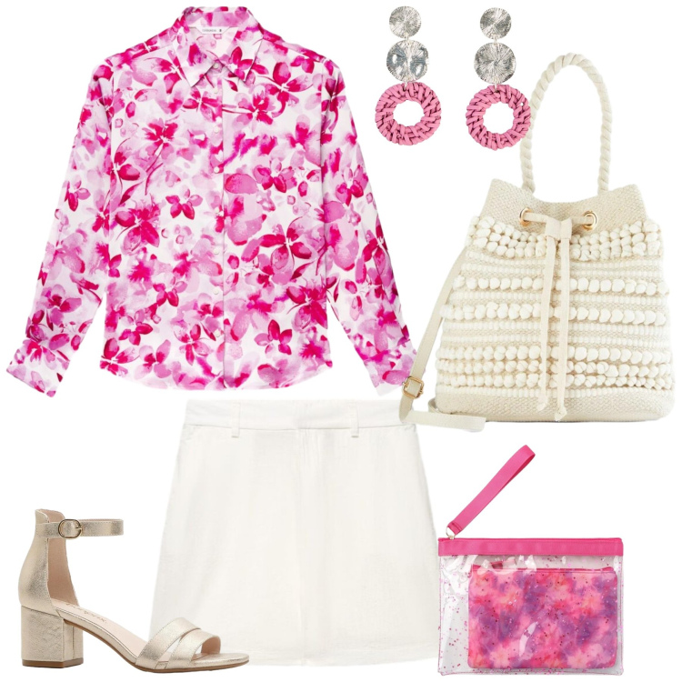 Outfit donna - Luminosa e vivace. Stile Bon Ton per Tutti i giorni. Abbinamento con orecchini, sandali col tacco, borse a secchiello, camicie, pochette, shorts.