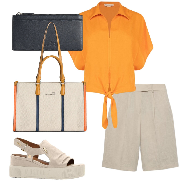 Outfit donna - Madrid. Stile Casual chic per Tutti i giorni. Abbinamento con sandali, portafogli, borse tote, bermuda, camicie a manica corta.