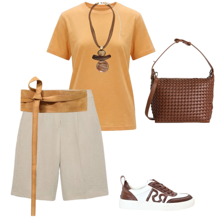 Outfit donna - Lunedì. per Tutti i giorni. Abbinamento con cinture, t-shirt, borse a spalla, bermuda, ciondoli, sneakers.