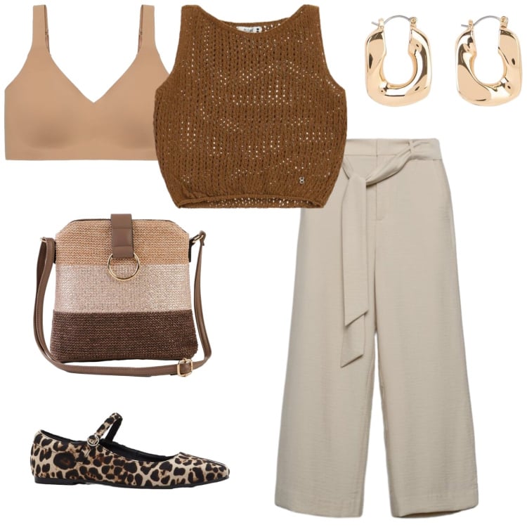 Outfit donna - Intimo comodo. per Ufficio. Abbinamento con borse a tracolla, ballerine, orecchini, pantaloni a palazzo, reggiseni, top.