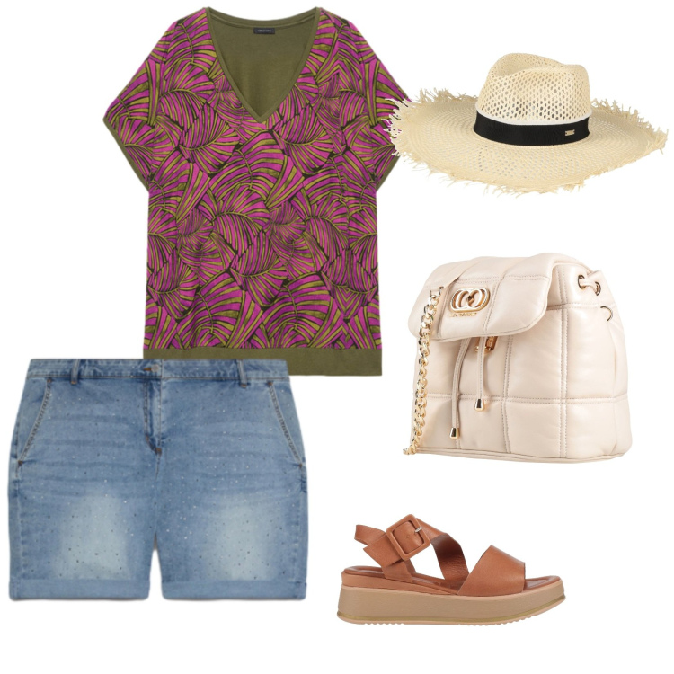 Outfit donna - In pineta. per Mare. Abbinamento con valigie, sandali in pelle, cappelli, shorts, t-shirt.