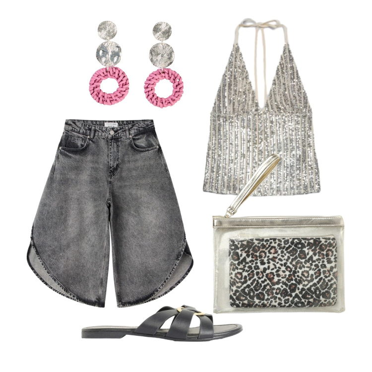 Outfit donna - Luglio. Stile Trendy per Serata fuori. Abbinamento con orecchini, ciabatte, pantaloni corti, top, pochette.